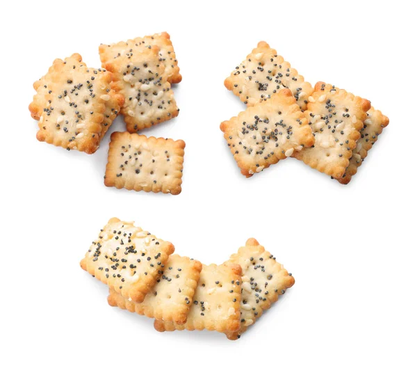 Set Gustosi Cracker Croccanti Con Papavero Semi Sesamo Sfondo Bianco — Foto Stock