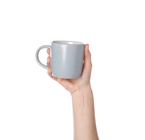 Woman Holding Grey Cup White Background Closeup — Stock Photo, Image