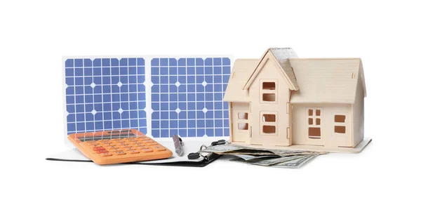 Composition Solar Panels Wooden House Model White Background — Stock Photo, Image