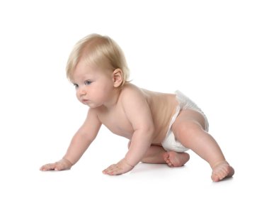 Cute little baby in diaper on white background clipart