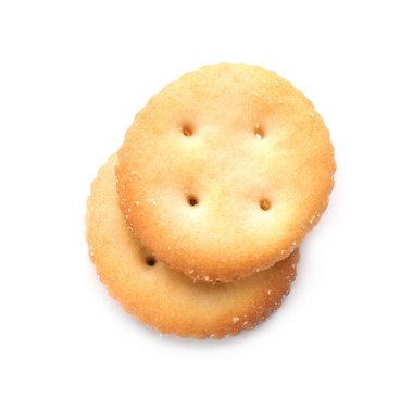 Lezzetli çıtır krakerler beyaza izole edilmiş, üst manzara