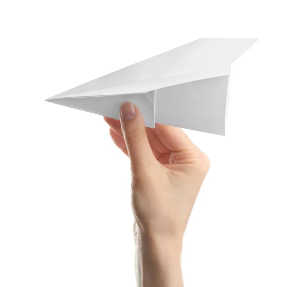 Woman Holding Paper Plane White Background Closeup — Stock Photo, Image