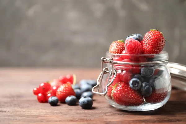 Mix Ripe Berries Wooden Table Space Text — Stock Photo, Image