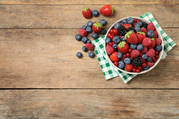 Mix Ripe Berries Wooden Table Flat Lay Space Text — Stock Photo, Image