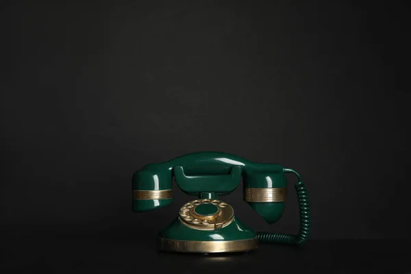 Green Vintage Corded Phone Black Table — Stock Photo, Image