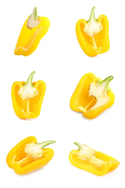 Uppsättning Färsk Skuren Gul Paprika Isolerad Vit — Stockfoto