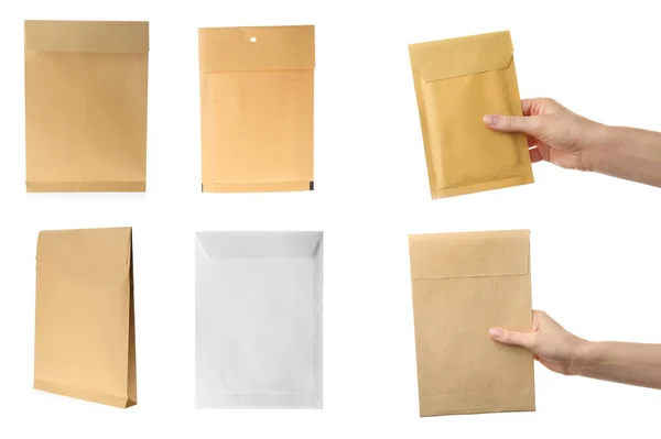 Colagem Com Fotos Pessoas Segurando Envelopes Papel Fundo Branco Close — Fotografia de Stock