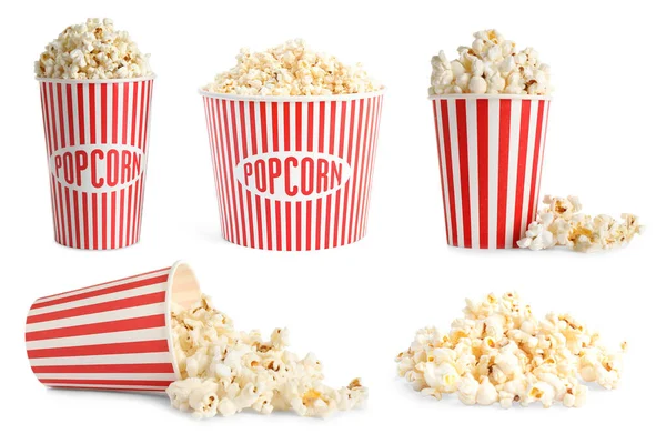 Collage Mit Leckerem Popcorn Auf Weißem Hintergrund — Stockfoto