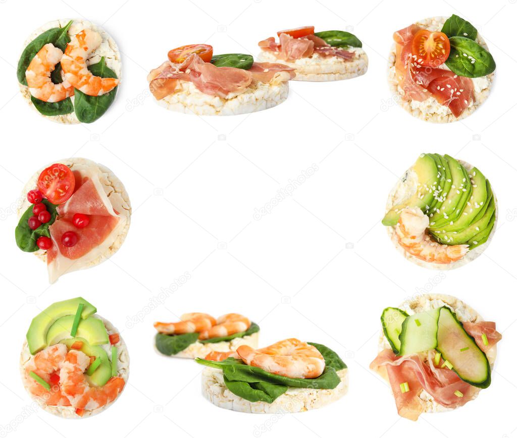 Frame of puffed corn cakes with different toppings on white background