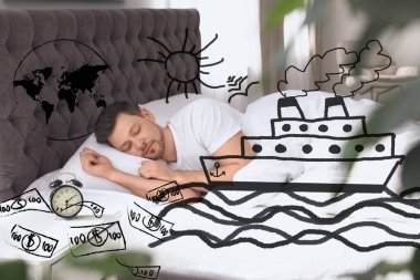 Tatlı rüyalar. Yatakta uyuyan adam. Önplanda gemi, para ve diğer illüstrasyonlar
