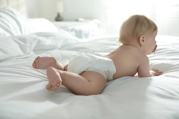 Cute Little Baby Diaper Lying Bed Home — Stock Photo, Image