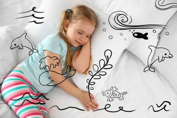 Sweet Dreams Cute Little Girl Sleeping Dolphins Whale Other Sea — Stock Photo, Image