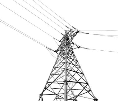 Yüksek voltajlı kule beyaz, alçak açılı. Elektrik güç iletimi