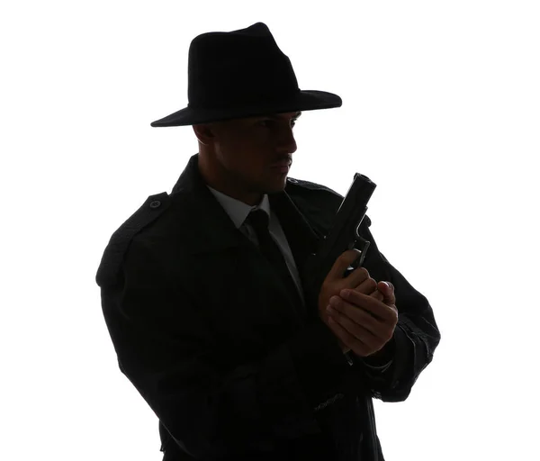 Detective Anticuado Con Pistola Sobre Fondo Blanco — Foto de Stock