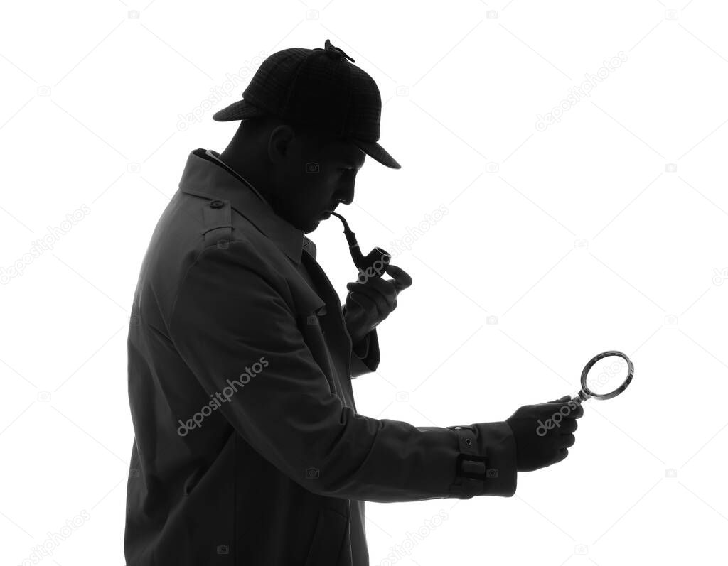 Old fashioned detective with smoking pipe and magnifying glass on white background