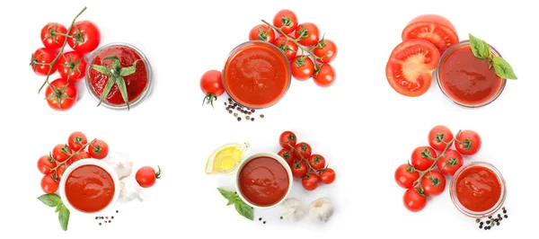 Kolaż Pysznym Sosem Pomidorowym Białym Tle Widok Góry — Zdjęcie stockowe
