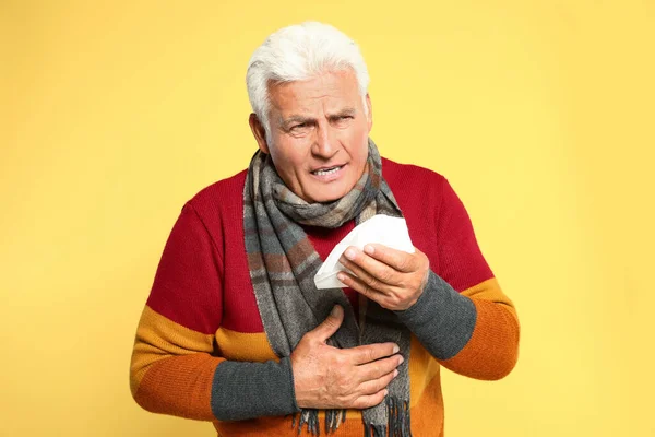 Senior Man Coughing Yellow Background Cold Symptoms — Stock Photo, Image