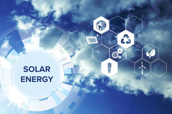 Concepto Energía Solar Esquema Con Iconos Cielo Sobre Fondo — Foto de Stock