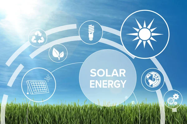 Solarenergiekonzept Schema Mit Symbolen Und Himmel Über Grünem Gras Auf — Stockfoto