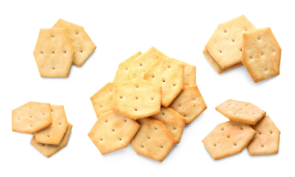 Set Tasty Crispy Crackers White Background — Stock Photo, Image