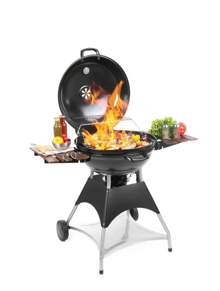 Flaming Barbecue Grill Cooking Meal White Background — Stock Photo, Image