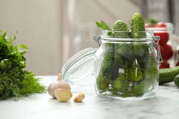 Pickling jar with fresh cucumbers on white marble table — Stock Image Pickling Jar Fresh Cucumbers White Marble Table Stock Photo