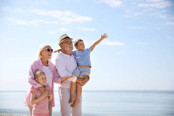 Gelukkig Grootouders Met Kleine Kinderen Zee Strand — Stockfoto