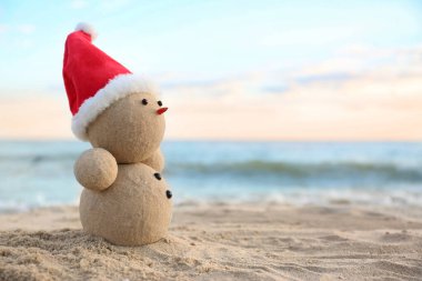 Kumsalda kumdan yapılmış, deniz kenarında Noel Baba şapkası olan bir kardan adam. Noel tatili