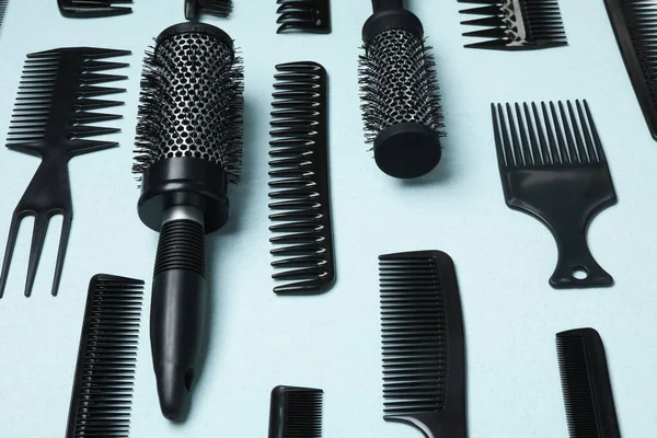 Composition Modern Hair Combs Brushes Light Background — Stock Photo, Image