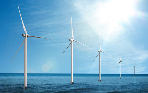 Floating wind turbines installed in sea. Alternative energy source 