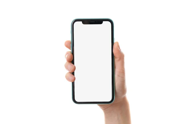 Mykolaiv Ukraine 2020年7月7日 Iphone 11を白い背景に持つ女性がクローズアップされました デザインのためのモックアップ — ストック写真