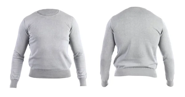 Stilvoller Warmer Grauer Pullover Isoliert Auf Weiß Hinten Und Vorne — Stockfoto