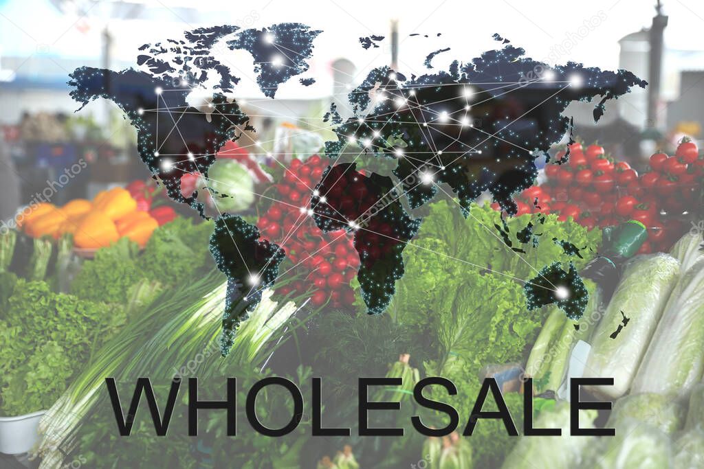 Wholesale business. World map and blurred assortment of vegetables on background