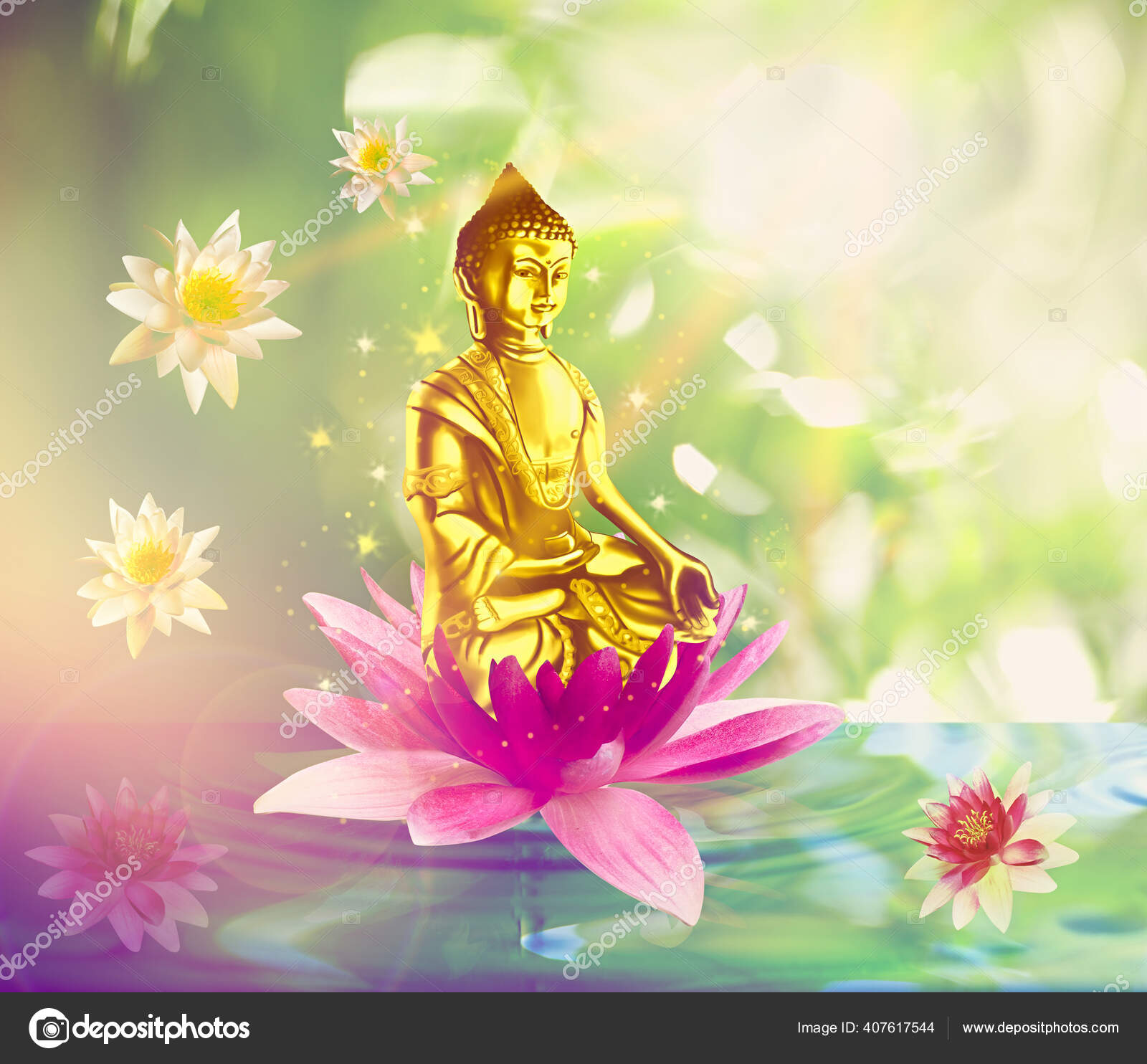 水に蓮の花を持つ仏像 — ストック写真 © NewAfrica #407617544 水に蓮の花を持つ仏像 — ストック写真 © NewAfrica #407617544