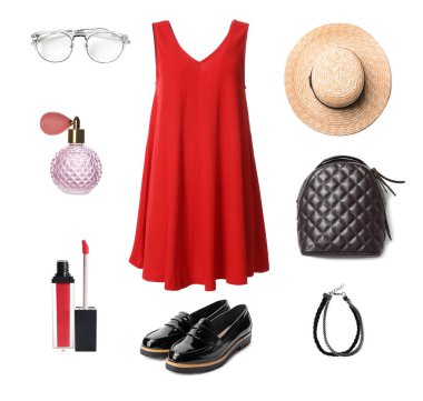 Zarif bir görünüş. Beyaz arka planda kadınlar için elbise, ayakkabı, aksesuar ve kozmetik kolajı