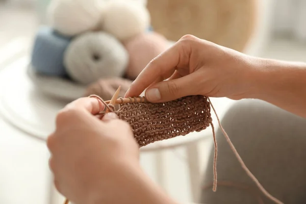 Young Woman Knitting Needles Indoors Closeup Engaging Hobby — Stock Photo, Image