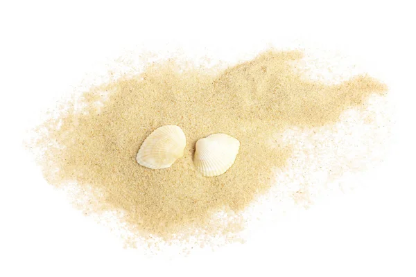 Schöne Muscheln Und Sand Auf Weißem Hintergrund Draufsicht — Stockfoto