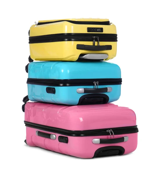 Stylish Suitcases Packed Travel White Background Summer Vacation — Stock Photo, Image
