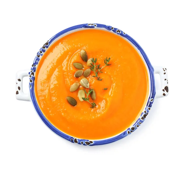 Savoureuse Soupe Crémeuse Citrouille Dans Bol Sur Fond Blanc Vue — Photo