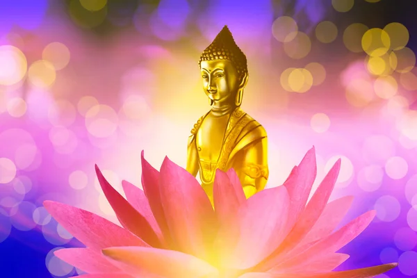 Buddha Figur Lotus Blomma Ljus Bakgrund Bokeh Effekt — Stockfoto