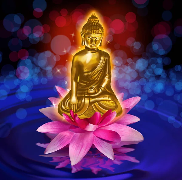 Фигура Будды Цветке Лотоса Воде Эффект Боке — стоковое фото