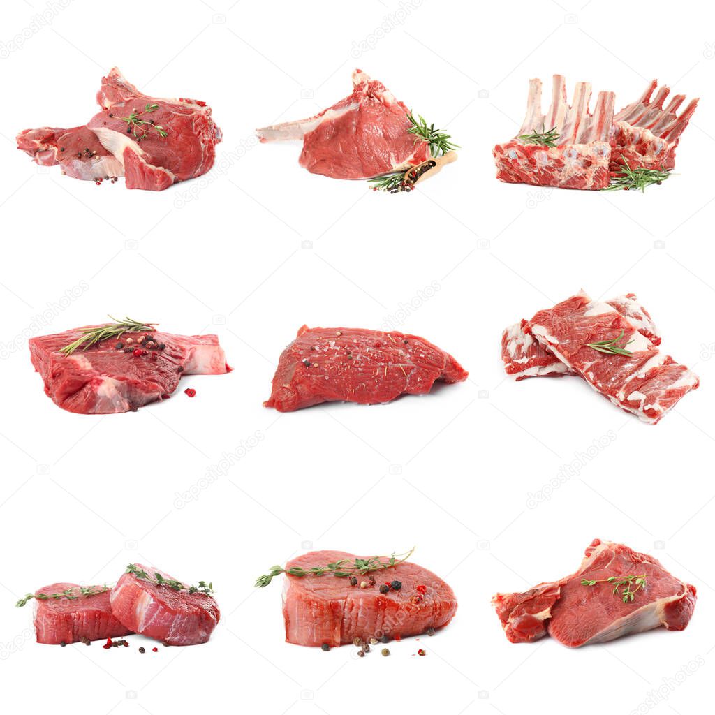 Set with raw meat on white background