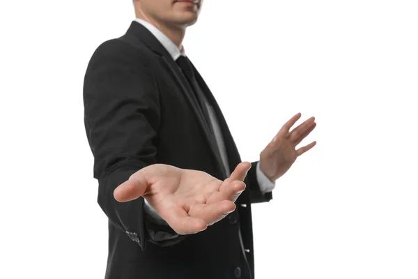 Businessman Holding Something White Background Closeup — Stock Photo, Image