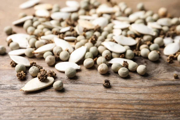 Sementes Legumes Mistos Fundo Madeira Close — Fotografia de Stock