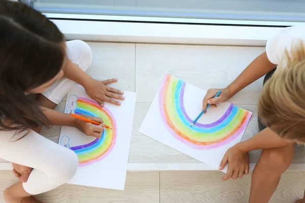 Little Children Drawing Rainbows Indoors View Stay Home Concept — Stock Photo, Image