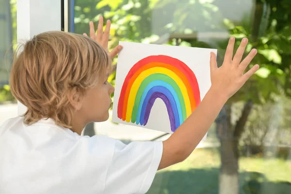 Little Boy Holding Rainbow Painting Window Stay Home Concept — Stock Photo, Image