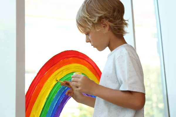 Little Boy Drawing Rainbow Window Stay Home Concept — Stock Photo, Image