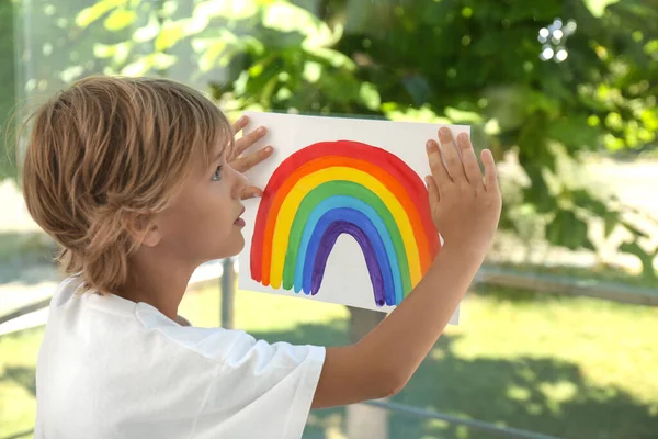 Little Boy Holding Rainbow Painting Window Stay Home Concept — Stock Photo, Image