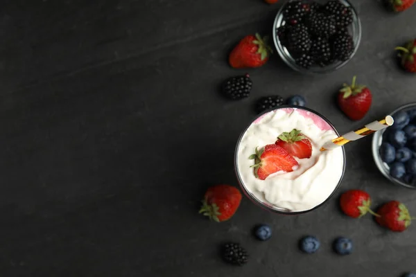 Tasty Milk Shake Whipped Cream Fresh Berries Black Slate Table — Stock Photo, Image