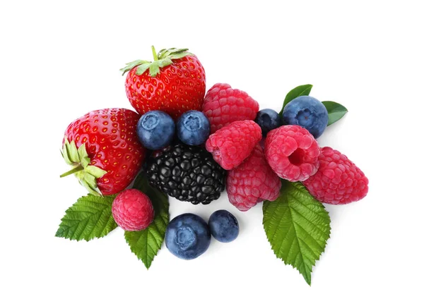 Mix Different Fresh Berries Isolated White Top View — Stock Photo, Image